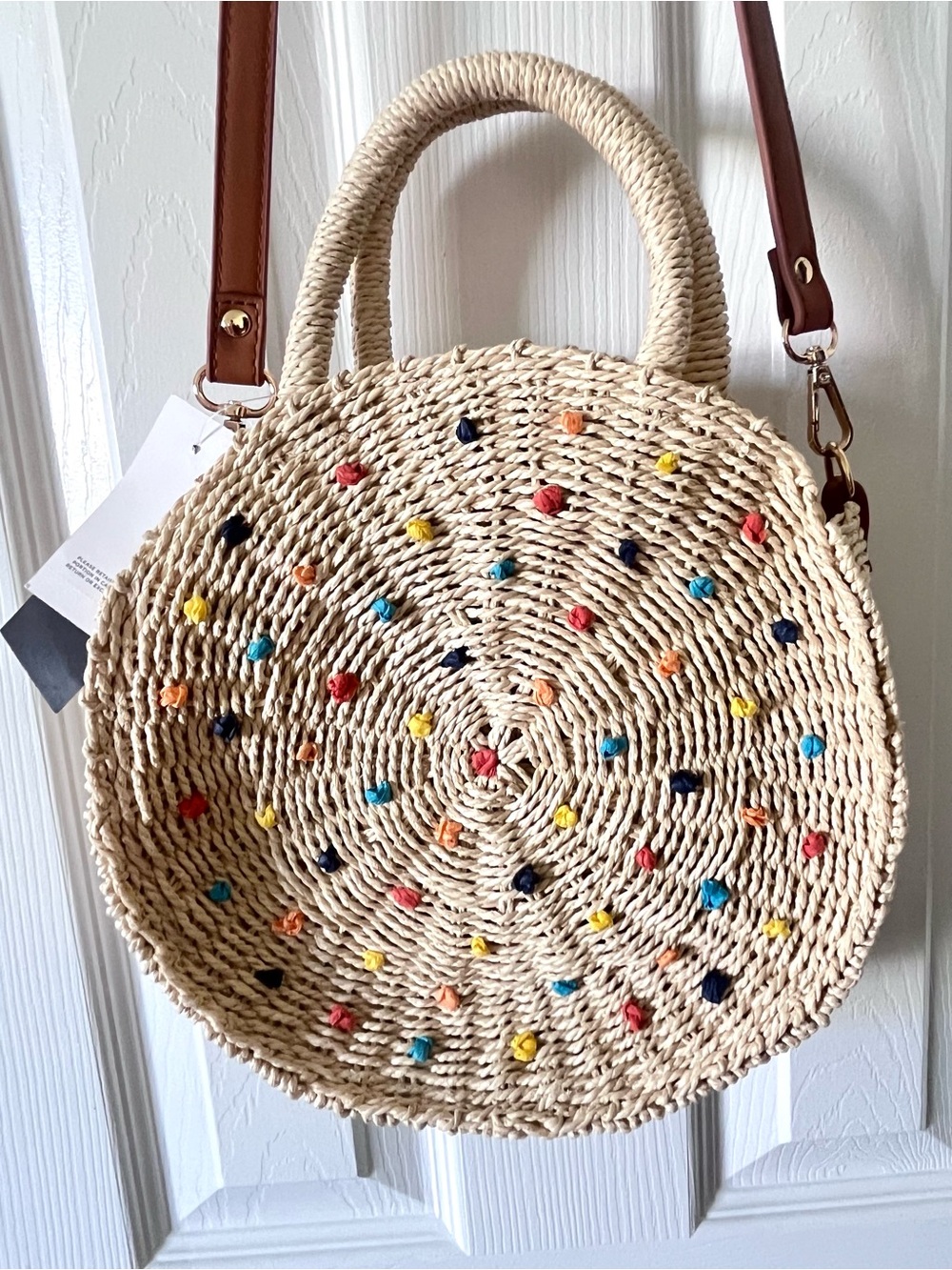 LOFT Woven Round Straw Tote Bag with Colorful 3D Dots - Detachable Strap -  NWT